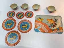VTG Ohio Art Tin Lithograph Childs Teacups Saucers Plates Tray Toy Set 11 Pc USA
