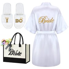 3 Pcs Bride Gifts Wedding Tote Bride Robe Bridal Slippers Canvas Tote Bag Wed...