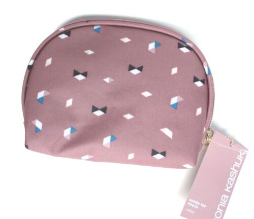 Sonia Kashuk Geometric Round-Top Zip Small Cosmetic Make-Up Pouch Bag Mauve Rose - Picture 3 of 5