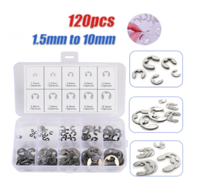 120 Pezzi Assortimento Anelli Elastici E-Clip &ndash; Fermagli Esterni 1.5-10 Mm