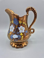 Antique Victorian Copper Gold Lustre, Hand Painted Floral Jug Pitcher