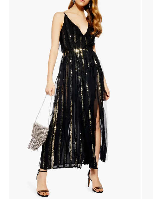 Topshop Sequin Stripe Chiffon Maxi Black Dress Women's Size 8 US fits Like  6-8)
