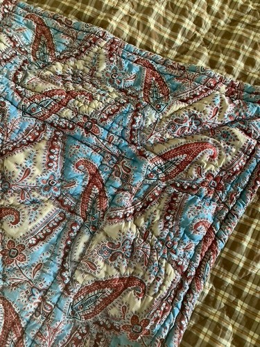 Antique French Quilt Boutis Double Sided 19th C. Paisley Block Print 90" x 93" - Picture 14 of 16