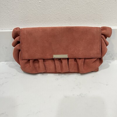 LOEFFLER RANDALL PINK MAUVE SUEDE CLUTCH BAG RUFFLE TRIM LUXURY SOHO CITY GOLD