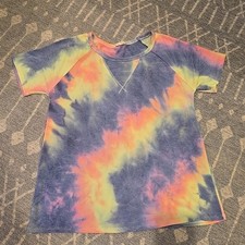 Tie Dye Short Sleeve Raglan Tee Blue Yellow Pink V-Stitch Crew Neck Top Womens M