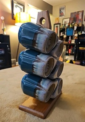 Rodolfo Padilla Stacking Mug Set (6) w/ Stand Signed Mexico Blue Green Brown