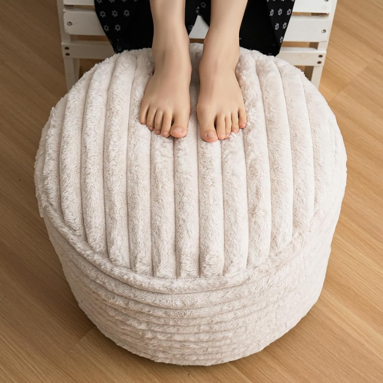 Pouf Ottoman Stuffed Round Foot Rest Faux Fur Poufs W/ Foam Chunk Filling