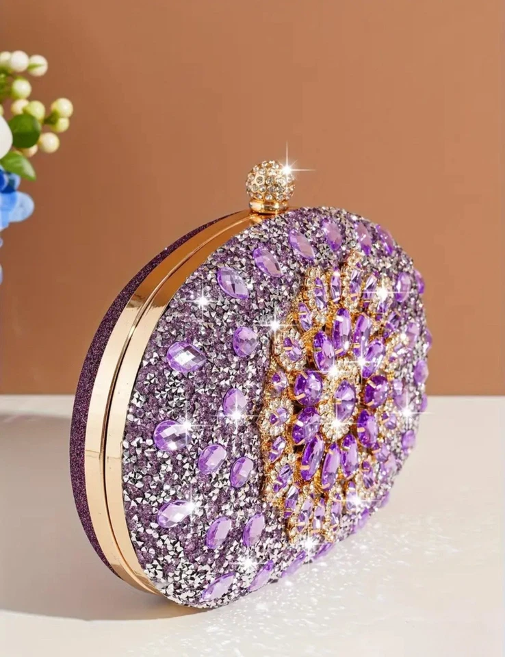 Luxury Glittered Rhinenstone Clutch Evning Bag Purple Colour Women Handbag. - Image 2 of 4
