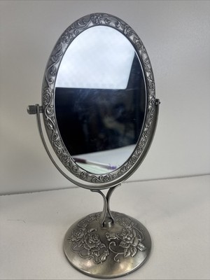 Vintage Pewter Two Sided Ornate Rose Floral Stand Embossed Frame Vanity Mirror