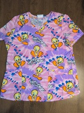 Looney Tunes Scrub Top Purple Multicolored With Tweety Size Medium Spandex