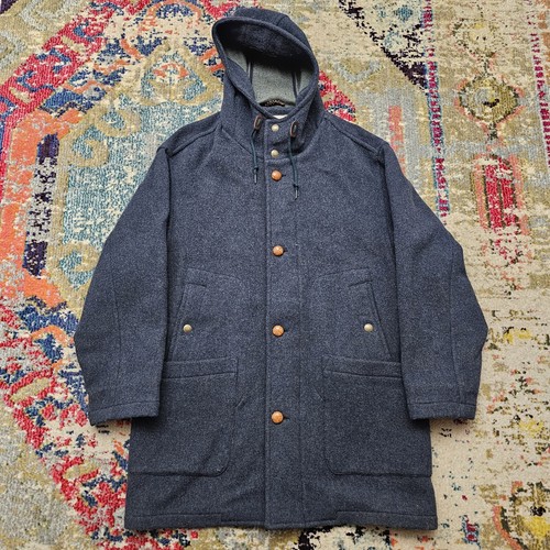 VTG L.L. Bean Mens Large Wool Button Coat Hooded Made In USA Blue / Navy