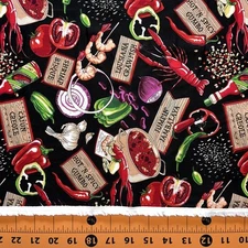 Food Fabric | Cajun Creole Seafood Ingredient Black | Robert Kaufman YARD