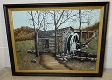 Original VTG Oil On Canvas Painting Old Mill Outside Dallas TX Ora Johnson 1975