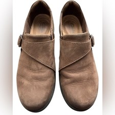 Clarks Women s Tan Brown Nubuck Slip-On Loafers with Side Buckle