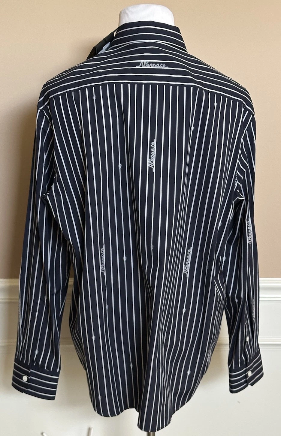 Camicia informale Versace blu stampa grafica taglia 54 101387 Made in Italy nuova con etichetta $1025