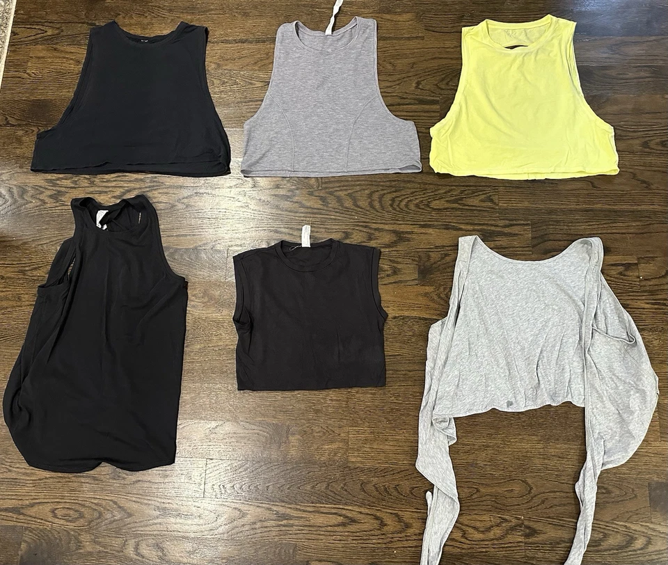 Conjunto de 5 camisetas sin mangas y camisetas envolventes LULULEMON para mujer talla 6 medianas crop gimnasio anteras Foto 2 de 4