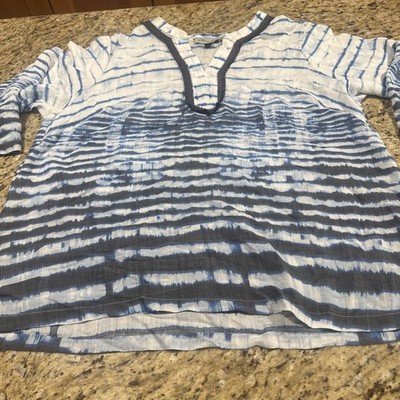 Marie Layne Blouse Bohemian Boho Blue Tie Dye Embroidered V Neck 3/4 Sleeve 1X