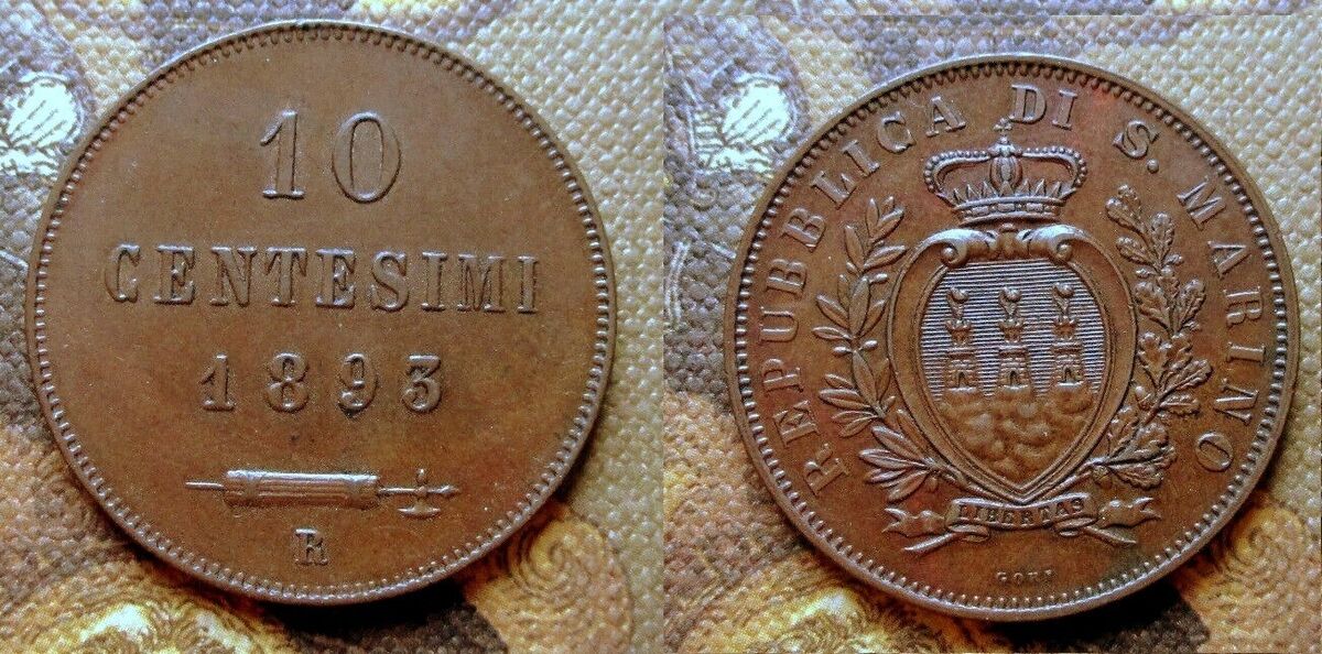 SAN MARINO SUPERB 10 CENTESIMI 1893 R COPPER COIN KM,#2 XF SAN MARINO SUPERB 10 CENTESIMI 1893 R COPPER COIN KM,#2 XF