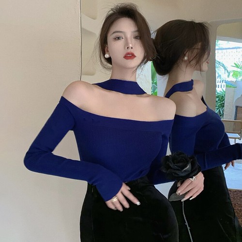 Autumn Sexy Off Shoulder Halter Sweater Women Solid Long Sleeve Slim Knitw`qi - Picture 12 of 13