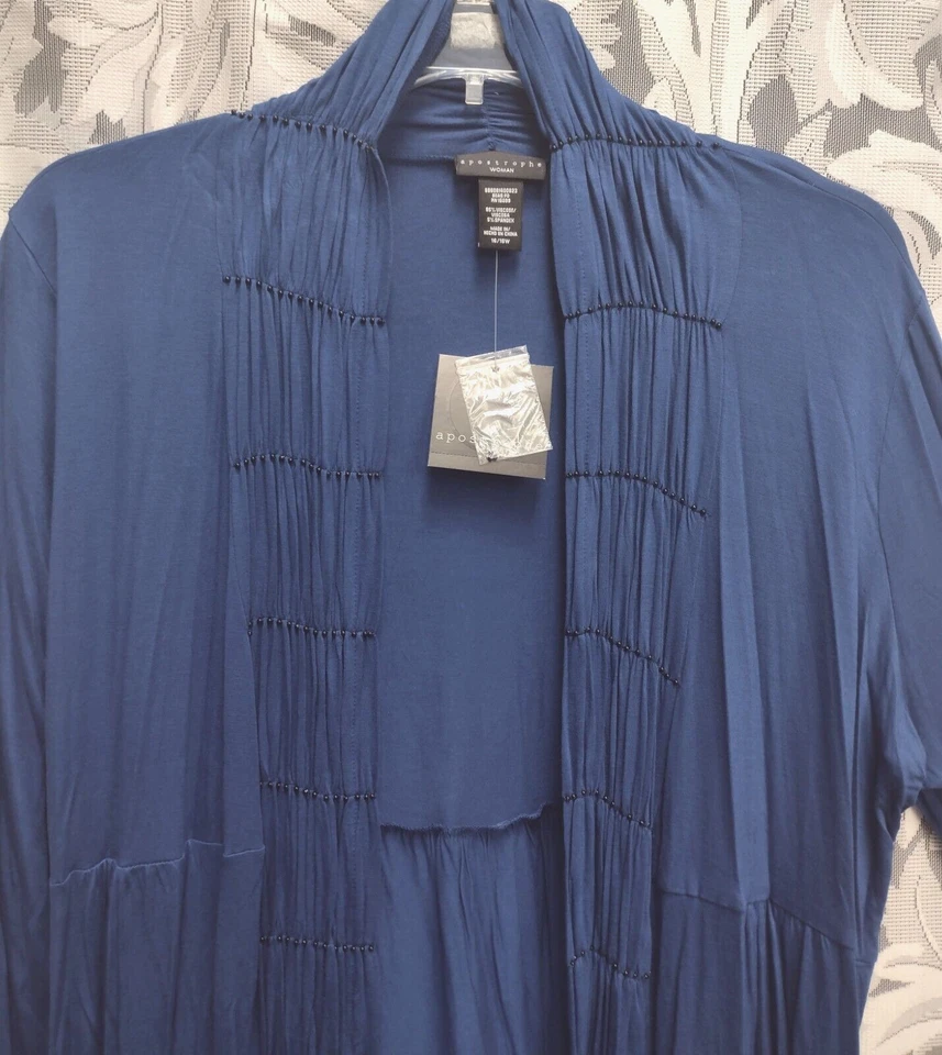 Cárdigan Suéter 16/18W-XL-0X Apostrofe Azul Frente Abierto Acanalado Con Cuentas Falda Foto 3 de 4