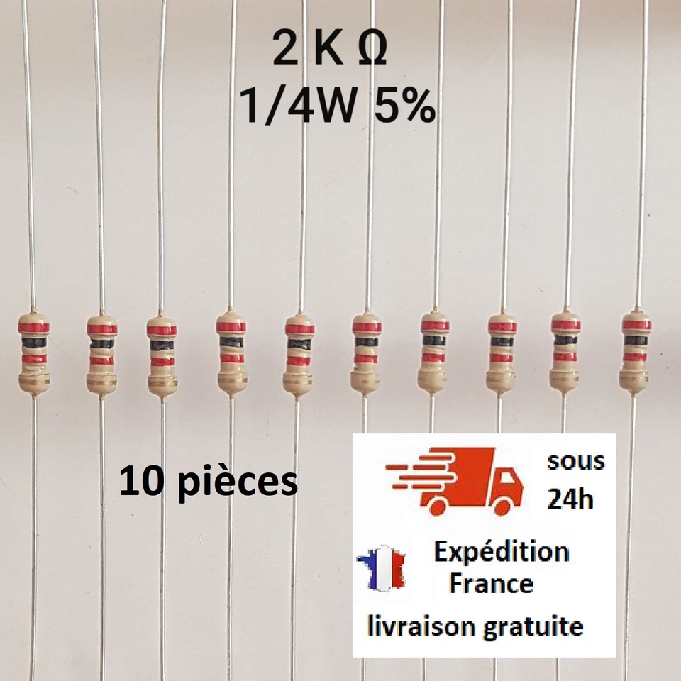 Résistance 2Kohm 10 pièces 1/4W 5% Resistance Cuche Métal 2 Kohm