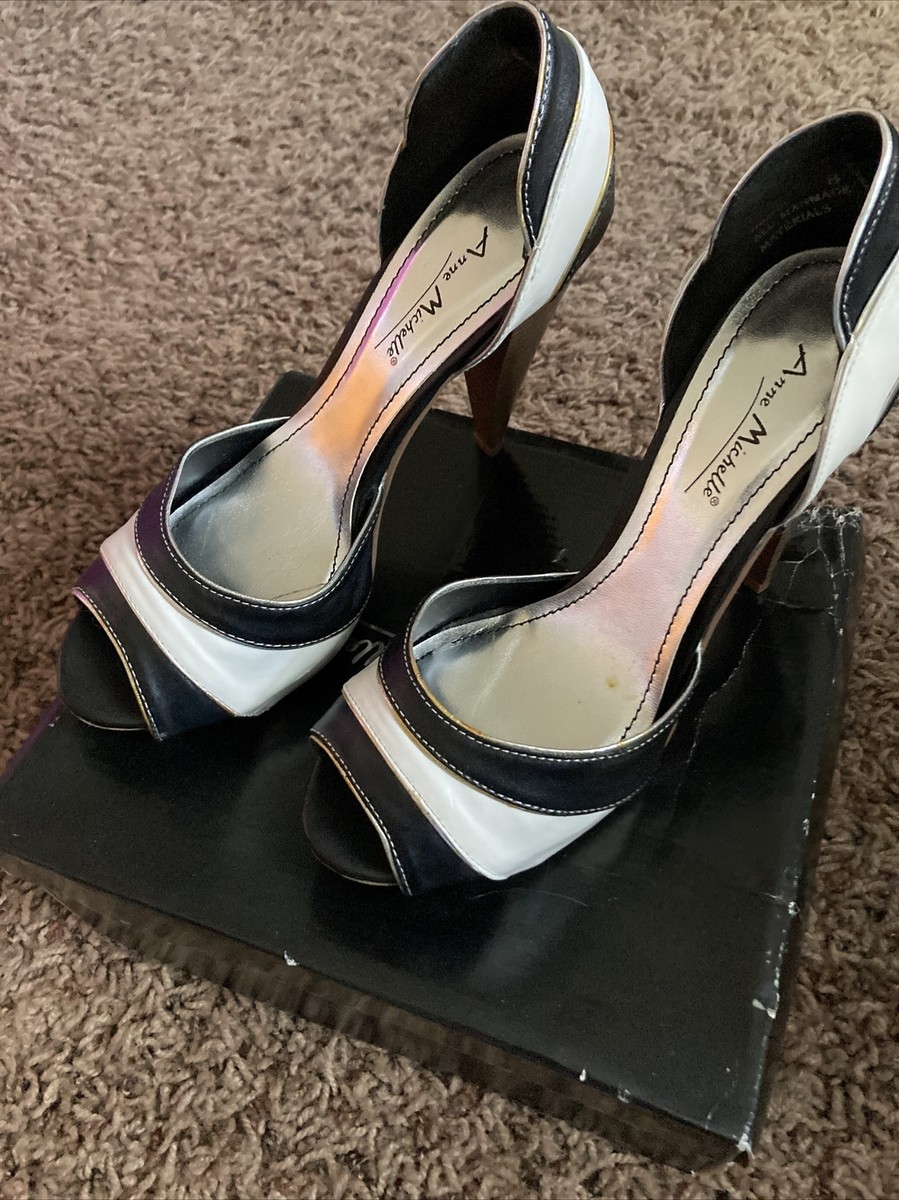 ANNE MICHELLE BLACK AND WHITE PLATFORM INCH PUMP PEEP TOE HEEL