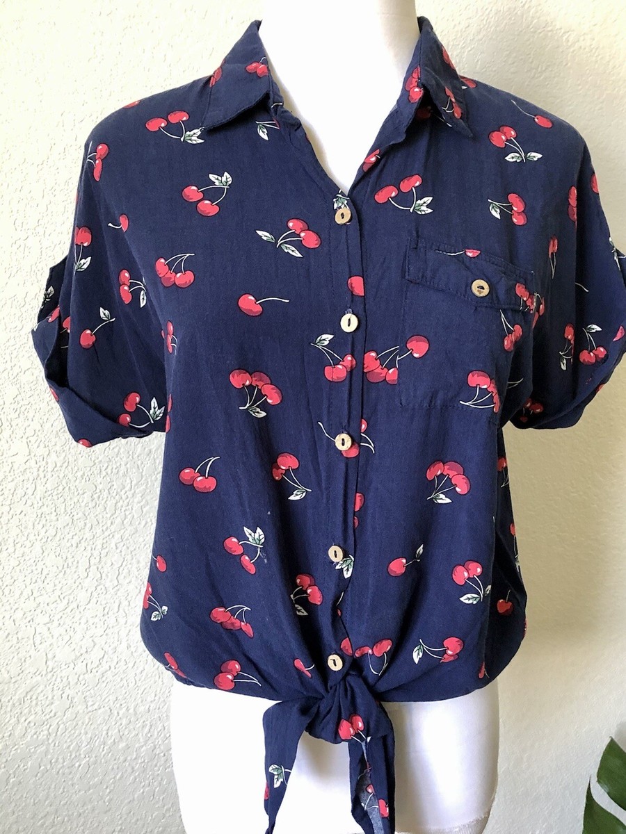 Love Notes Navy Blue Cherry Print Top Shirt Waist Tie Button