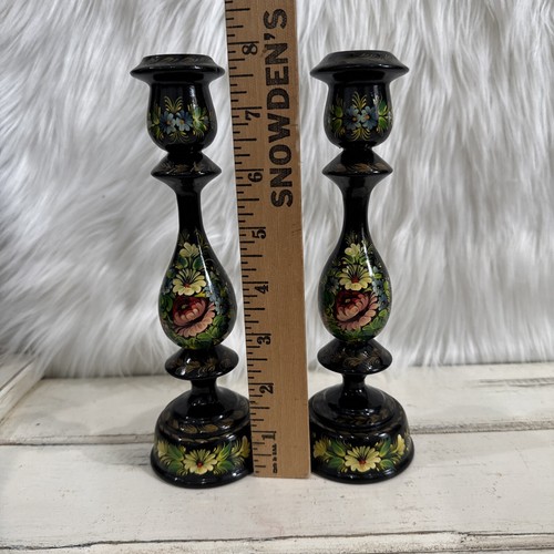 Wood Floral Black Lacquer 8” Candle Sticks Hand Painted Granny Cottage Decor - Picture 13 of 15