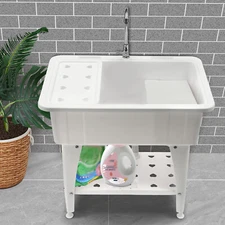 Freestanding Plastic Laundry Sink with Washboard, Indoor and Outdoor Utility 