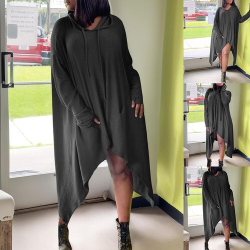 Hooded Women's LOOSE Solid Dress Ladies Casual Long Sleeve Party Midi Dresses