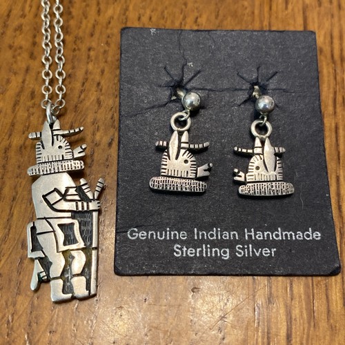 Marcus Lomayestewa Hopi Guild Sterling Silver Set Pendant Earrings Figural 8h