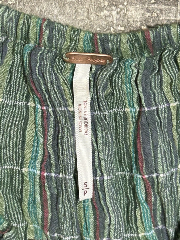 Free People Vivi 缩褶作物上衣绿色条纹波西米亚袖口节日小号 — 第 3/4 张图片