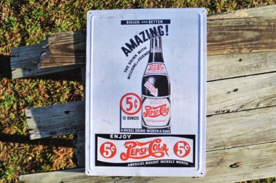 Enjoy Pepsi-Cola Embossed Tin Sign - A Nickel Drink Worth a Dime - 5¢ - Pepsi