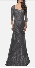La Femme Gray Gunmetal Sequin 3/4 Sleeve Long Gown Dress Size 2 NWOT