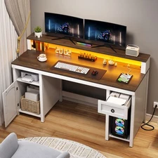 Farmhouse Office Desk Wood Computer Desk with Drawer & Power Outlets for Gaming