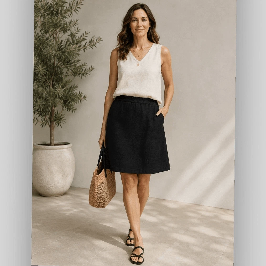 J. Jill Black 100% Linen A-Line Pull-On Skirt Size M Pockets
