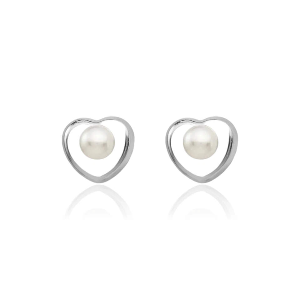 14K Solid White Gold Button Freshwater Cultured Pearl Heart Stud Earrings - Image 2 of 4