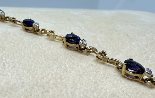 Bellissimo Bracciale Cuore Oro Giallo Massiccio 10K Zaffiro Diamanti 7,25"in 6g Menta!:) - Foto 8 di 14