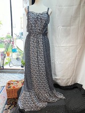 Gap Navy Cream Print Maxi Dress Sleeveless Ruffle Neck Tie Waist Lined Large