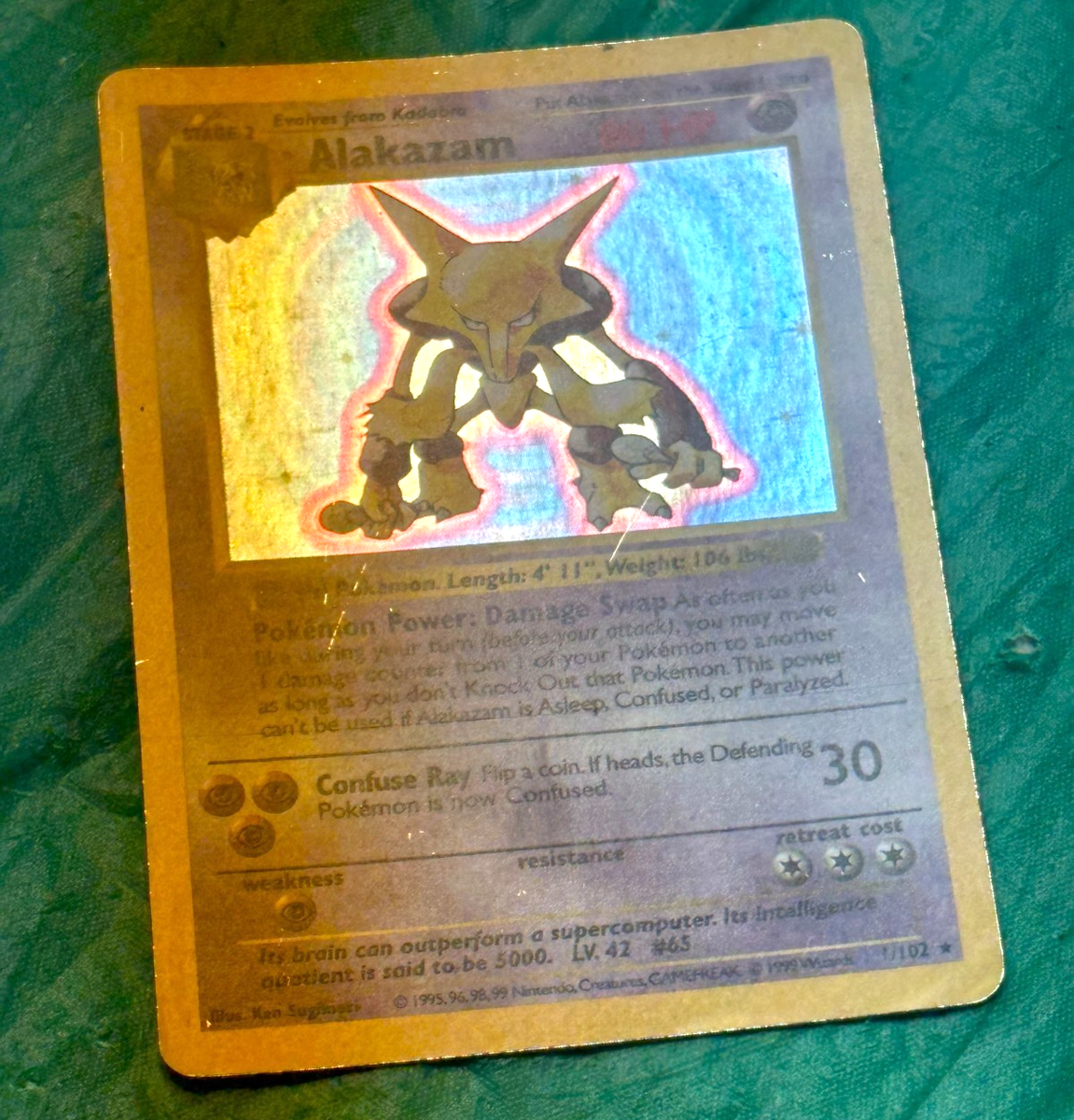 Pokémon TCG Shadowless Alakazam Base Set 1/102 Holo Rare 80 HP