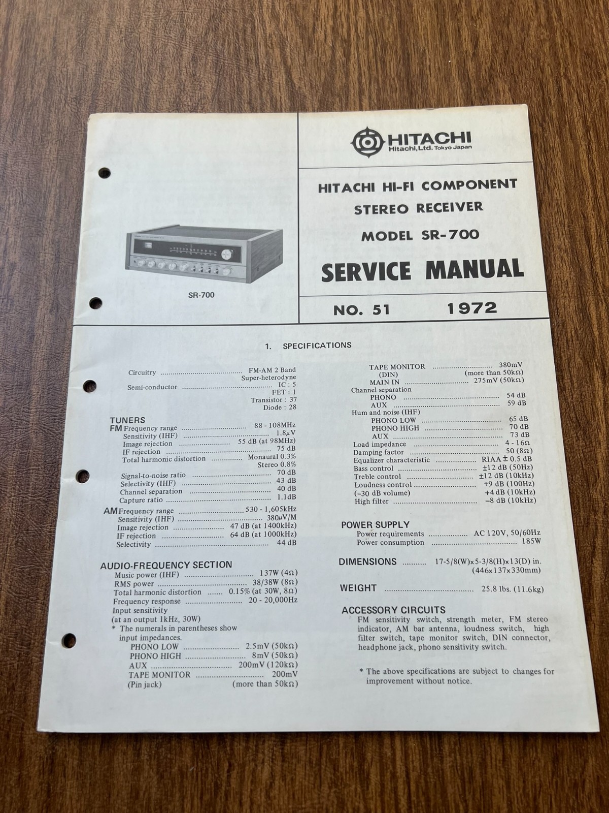 Original 1979 HITACHI SR-700 Receiver Service Manual / Schematic