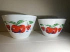FIRE KING Bowl Apples Cherries Mixing White Splash Proof 8.5” & 7.5” Set 2 Vtg