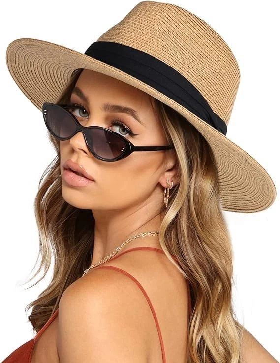 Womens Mens Wide Brim Straw Panama Hat Fedora Summer Beach Sun Hats UPF Straw M