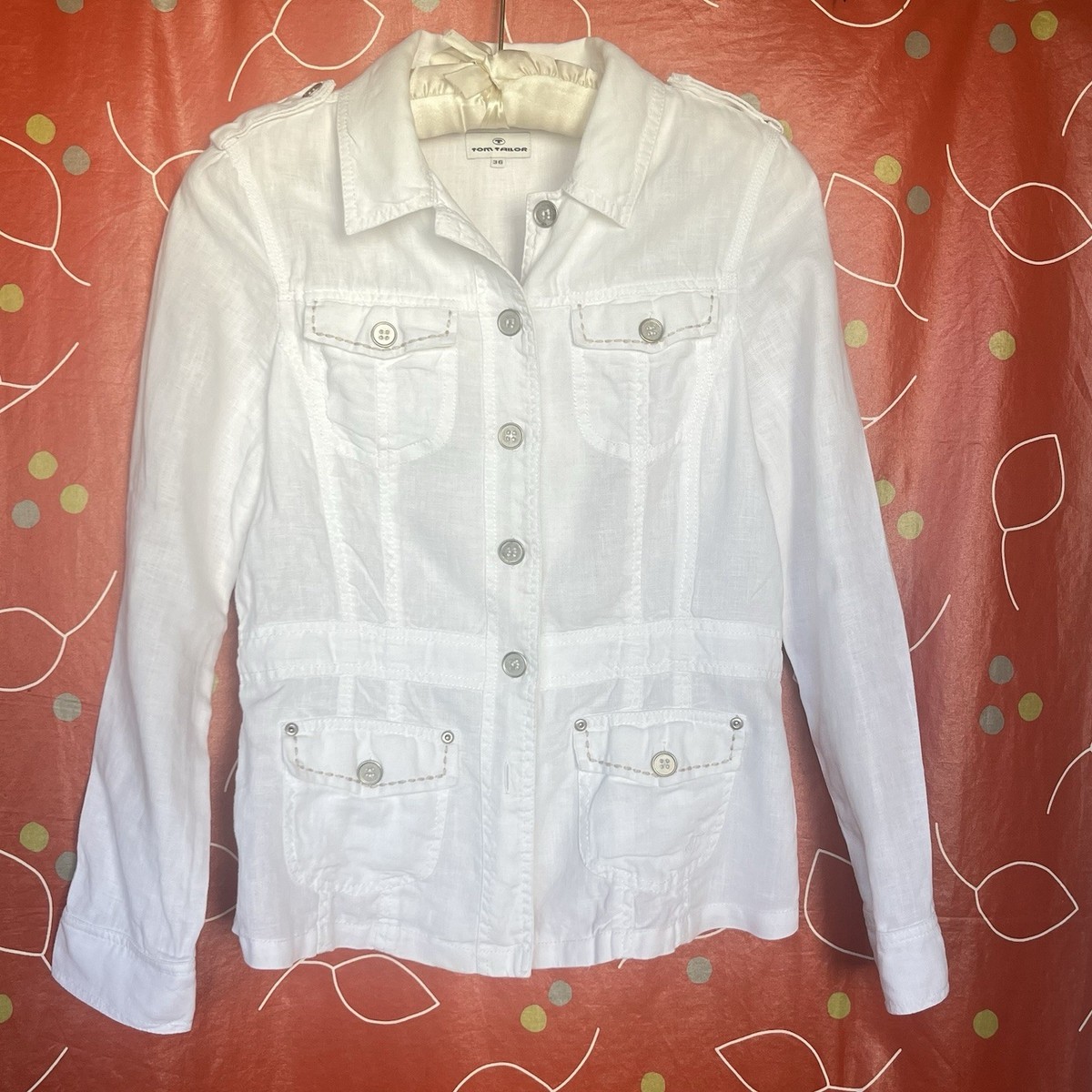 Tom Tailor Women White Linen 100% Jacket With Pockets Size 36 (M) View 2