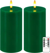 Green Flameless Candles, Set of 2 7"x3" Flickering LED Candles with Remote & Tim