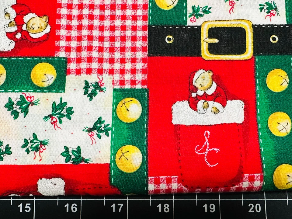 Tina Scrap 9"x21" Christmas Patchwork Bells Buckle Red Teddy Bear Cotton Fabric - Image 2 of 2