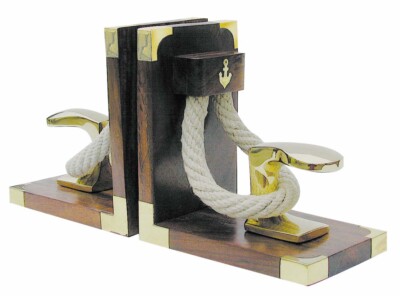 Buchstützen mit Poller & Tau, Holz / Messing, 2 Stück