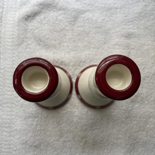 ROYAL SEASONS~STONEWARE~SNOWMEN CANDLESTICK HOLDERS~WHITE/RED SNOWFLAKE TRIM - 第 3/4 張圖片