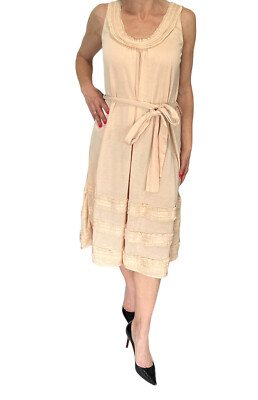 MALO ITALY  PEACH SLEEVELESS COTTON BELTED RUFFLE KNIT A  LINE  DRESS 44