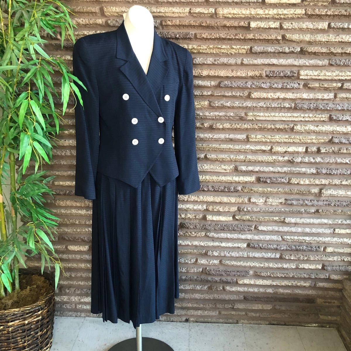 Christian Dior Vintage 80s 90s Blue Check Pleated Skirt Suit Size 10